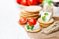 Crackers and wedge of blue camembert cheese on sackcloth napkin Royalty Free Stock Photo