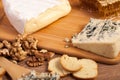 Crackers, white cheese and honey on wooden background