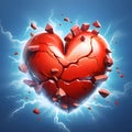 Cracking big red heart, chipping shards blue background. Heart as a symbol of affection and