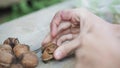 Cracking walnuts with hand