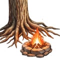 Crackling Campfire with Stones and Exposed Tree Roots Creates a Cozy Atmosphere Royalty Free Stock Photo