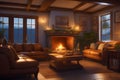 Crackling fire emanates warmth from the fireplace in a cozy living room