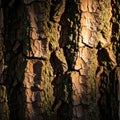 Cracks and fissures, typical of mature trees, with sections covered in a moss Royalty Free Stock Photo