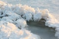 Cracks with ice crystals on frozen river at sunset, Ob reservoir Royalty Free Stock Photo