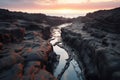 cracks in lava field with ocean water seeping through