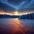 Cracks on the surface of the blue ice. Frozen lake in winter landscape. Sunset over the hills of pines. Image generated by AI Royalty Free Stock Photo