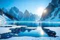 Cracks on the surface of the blue ice. Frozen lake in winter mountains. It is snowing. Royalty Free Stock Photo