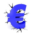 Cracks surround blue euro symbol