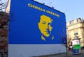 A mural painting depicting Ukrainian president Volodymyr Zelensky in blue-yellow duotonein Cracow, Poland