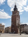 Almost empty Main Square in Krakow during coronavirus covid-19 pandemic. View over town hall