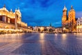 Cracow, Poland old town with St. Mary's Basilica and Cloth hall at night