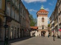 Almost empty Florianska street with a view over Florianska Gate in Krakow during coronavirus covid-19 pandemic.