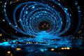 Craft an abstract tunnel representation where virtual elements integrate with progression and the essence of dimensional