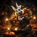 Craft an animated scene where a cart filled with Halloween pumpkins is being pulled by a donkey. Royalty Free Stock Photo