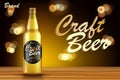 Craft beer ads design. Realistic malt bottle beer on wooden table with retro golden background. Vector 3d illustration Royalty Free Stock Photo