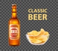 Craft Beer in Bottle and Chips in Bowl Isolated