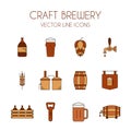 Craft beer and brewery vector line icon set in brown and orange Royalty Free Stock Photo