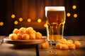 Craft Beer Delight on Wood: A tantalizing image featuring a beer glass and appetizing snack against a rustic wooden Royalty Free Stock Photo