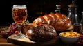 Craft beer and freshly baked rolls and pies on the table at the deluxe restaurant, beer festival, oktoberfest Royalty Free Stock Photo