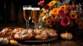 Craft beer and freshly baked rolls and pies on the table at the deluxe restaurant, beer festival, oktoberfest Royalty Free Stock Photo