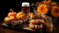 Craft beer and freshly baked rolls and pies on the table at the deluxe restaurant, beer festival, oktoberfest Royalty Free Stock Photo