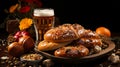 Craft beer and freshly baked rolls and pies on the table at the deluxe restaurant, beer festival, oktoberfest Royalty Free Stock Photo