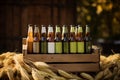 Craft beer glass bottles in wooden box. Generative AI Royalty Free Stock Photo