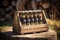 Craft beer glass bottles in wooden box for transportation. Generative AI Royalty Free Stock Photo