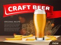 Craft beer. Glass with foam drink on table and fried potato. Alcohol cold beverage with brewery bubbles. Drinking lager Royalty Free Stock Photo