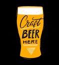 Craft beer here. Pub or brewery poster with hand lettering and pink glass illustration on black board illustration