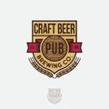 Craft Beer logo. Emblem as a heraldic shield. with ribbons, letters and barrel symbol.