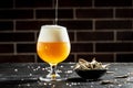 Craft beer, pour beer into a tall glass with a thick foam with gourmet snacks for beer, splash. place for text