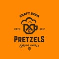 Craft Beer and Pretzels Abstract Vector Retro Symbol or Logo Template. Vintage Typography Premium Sign with Shabby