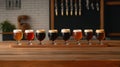 Craft beer tasting flight in a rustic bar setting for beverage enthusiasts International Stout Day Royalty Free Stock Photo