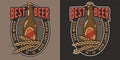 Craft beer vector logo with bottle and barley for brewery or factory. Emblem or print with grains of wheat and drink for