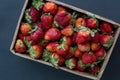 Craft box of fresh organic strawberries in the sun light top view