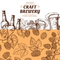 Craft brewery banner template with hand drawn hops and beer