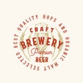 Craft Brewery Premium Beer Abstract Vector Sign, Symbol or Logo Template. Hand Drawn Retro Glass and Wheat with Classic