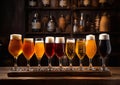 Craft brewery various beer selection in glasses on table in evening pub background.Macro.AI Generative Royalty Free Stock Photo