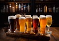 Craft brewery various beer selection in glasses on table in evening pub background.Macro.AI Generative Royalty Free Stock Photo