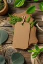 Craft brown tag with natural fern on vintage wood with green foliage Royalty Free Stock Photo