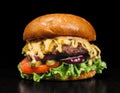 Craft burger is cooking on black background. Consist: sauce, lettuce, tomato, red onion, pickle, cheese, bacon, air bun Royalty Free Stock Photo