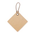 Craft cardboard label hanging on string. Kraft paper price tag of square shape. Blank carton card with loop and cord Royalty Free Stock Photo