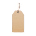 Craft cardboard price tag on cord. Blank kraft paper label hanging on string. Eco carton beige brown badge mock up for