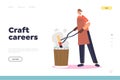 Craft career concept of landing page with blacksmith putting hot metal from furnace in cold water