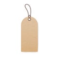 Craft carton label on cord. Empty kraft cardboard price tag mockup. Blank rustic badge hanging on string. Eco card mock Royalty Free Stock Photo