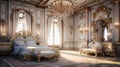 Craft a classic European-style luxury bedroom with antique furniture, intricate wallpaper, and a luxurious, hand-carved bed frame Royalty Free Stock Photo