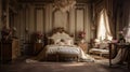 Craft a classic European-style luxury bedroom with antique furniture, intricate wallpaper, and a luxurious, hand-carved bed frame Royalty Free Stock Photo