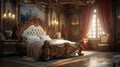 Craft a classic European-style luxury bedroom with antique furniture, intricate wallpaper, and a luxurious, hand-carved bed frame