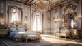 Craft a classic European-style luxury bedroom with antique furniture, intricate wallpaper, and a luxurious, hand-carved bed frame